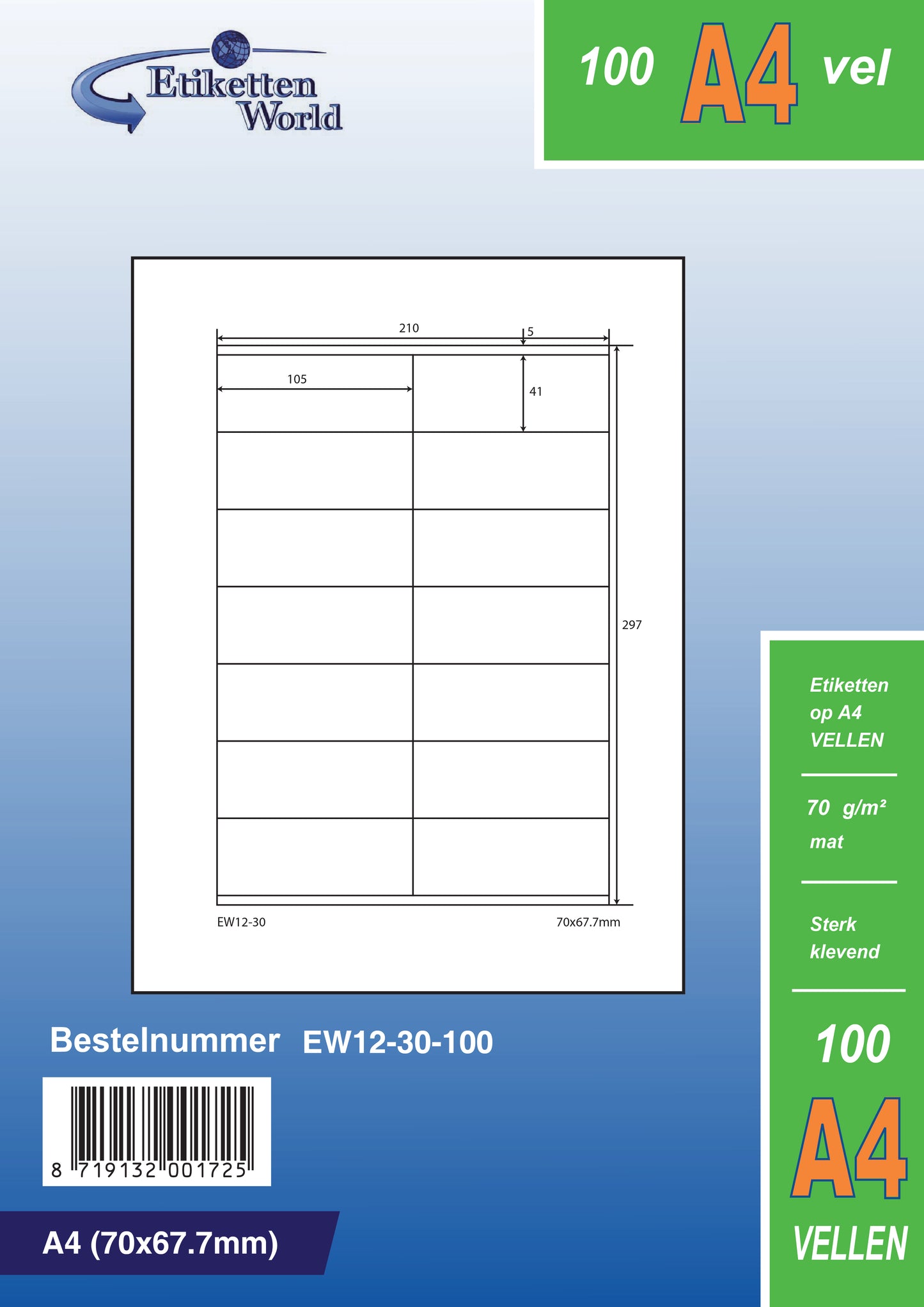 6000 étiquettes universelles 70x67,7mm, sur 500 feuilles Din A4, mat, autocollant, 70g EW12-30 d'Etikettenworld EW12-30