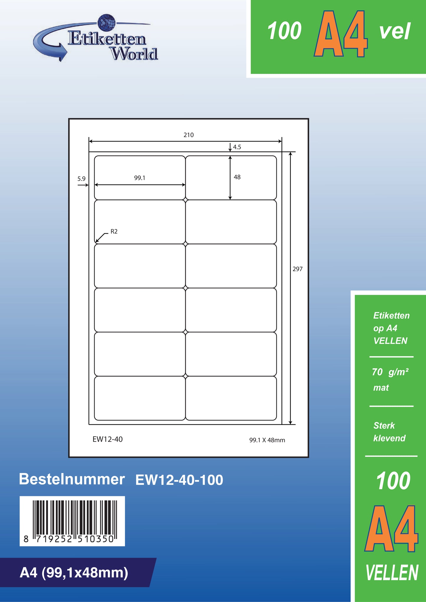 6000 étiquettes universelles 99,1x48mm, sur 500 feuilles Din A4, mat, autocollant, 70g EW12-40 d'Etikettenworld EW12-40