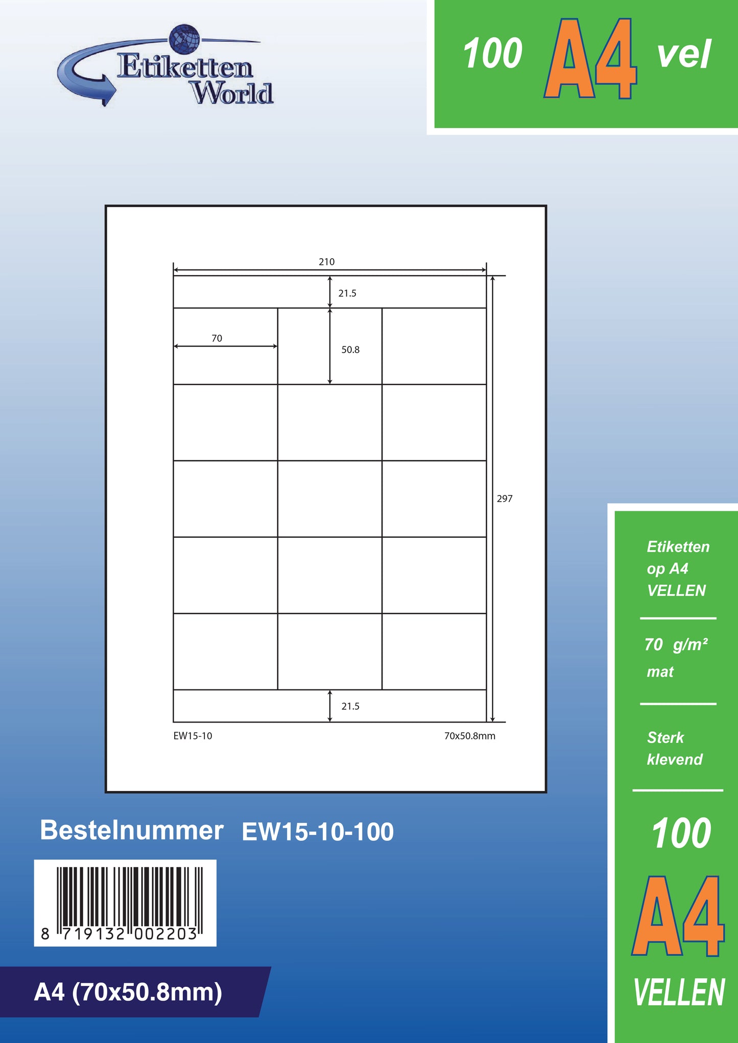 7500 étiquettes universelles 70x50,8mm, sur 500 feuilles Din A4, mat, autocollant, 70g EW15-10 d'Etikettenworld EW15-10