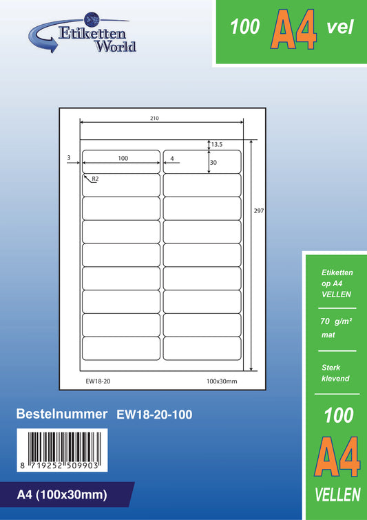 9000 étiquettes universelles 100x30mm, sur 500 feuilles Din A4, mat, autocollant, 70g EW18-20 d'Etikettenworld EW18-20