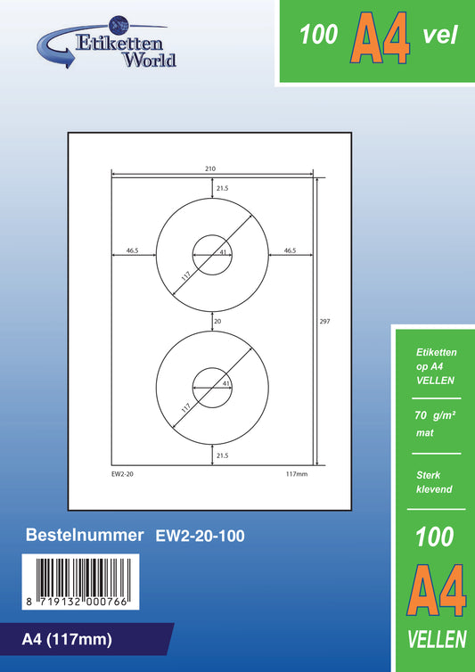 1000 étiquettes universelles 110 mm rond, sur 500 feuilles Din A4, mat, autocollant, 70g EW2-20 d'Etikettenworld EW2-20