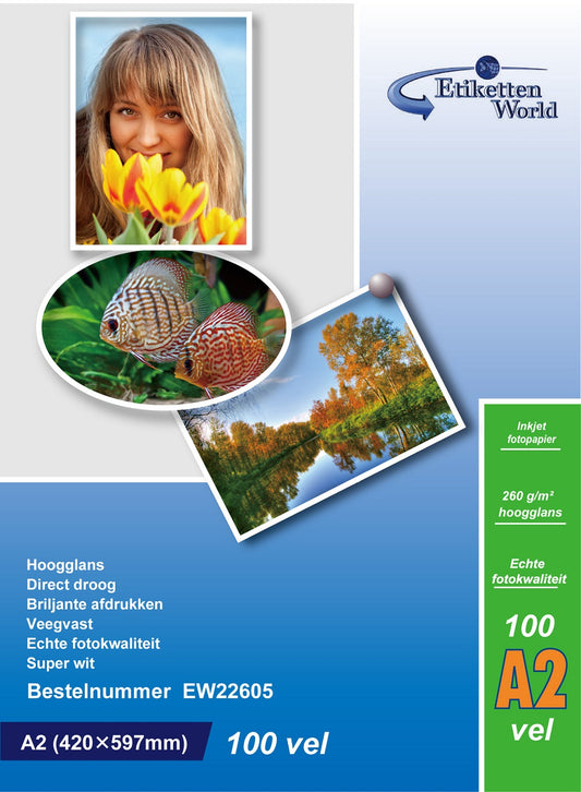 100 feuilles de papier photo/cartes photo A2 260g/m² haute brillance et imperméables EW22605 de EtikettenWorld BV