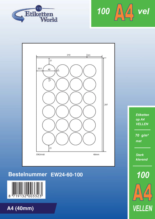 12000 étiquettes universelles 40 mm rond, sur 500 feuilles Din A4, mat, autocollant, 70g EW24-60 d'Etikettenworld EW24-60