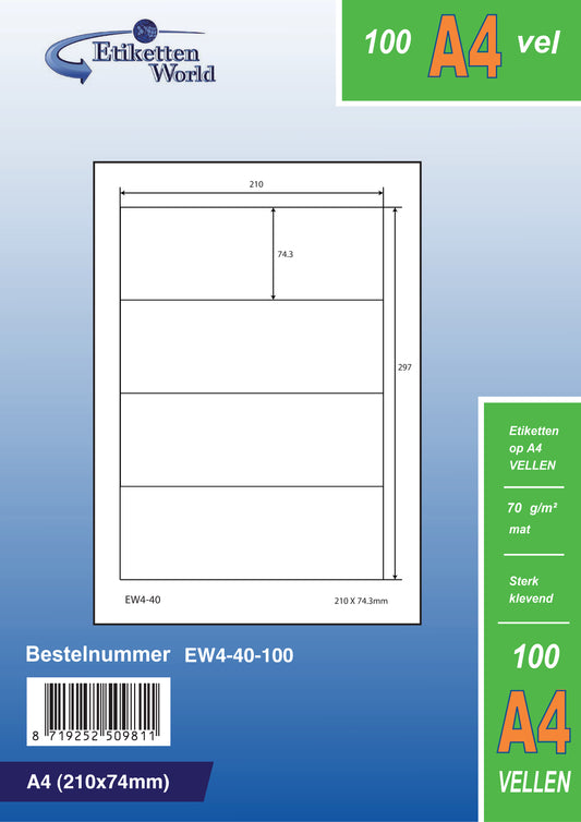 2000 étiquettes universelles 210x74mm, sur 500 feuilles Din A4, mat, autocollant, 70g EW4-40 d'Etikettenworld EW4-40