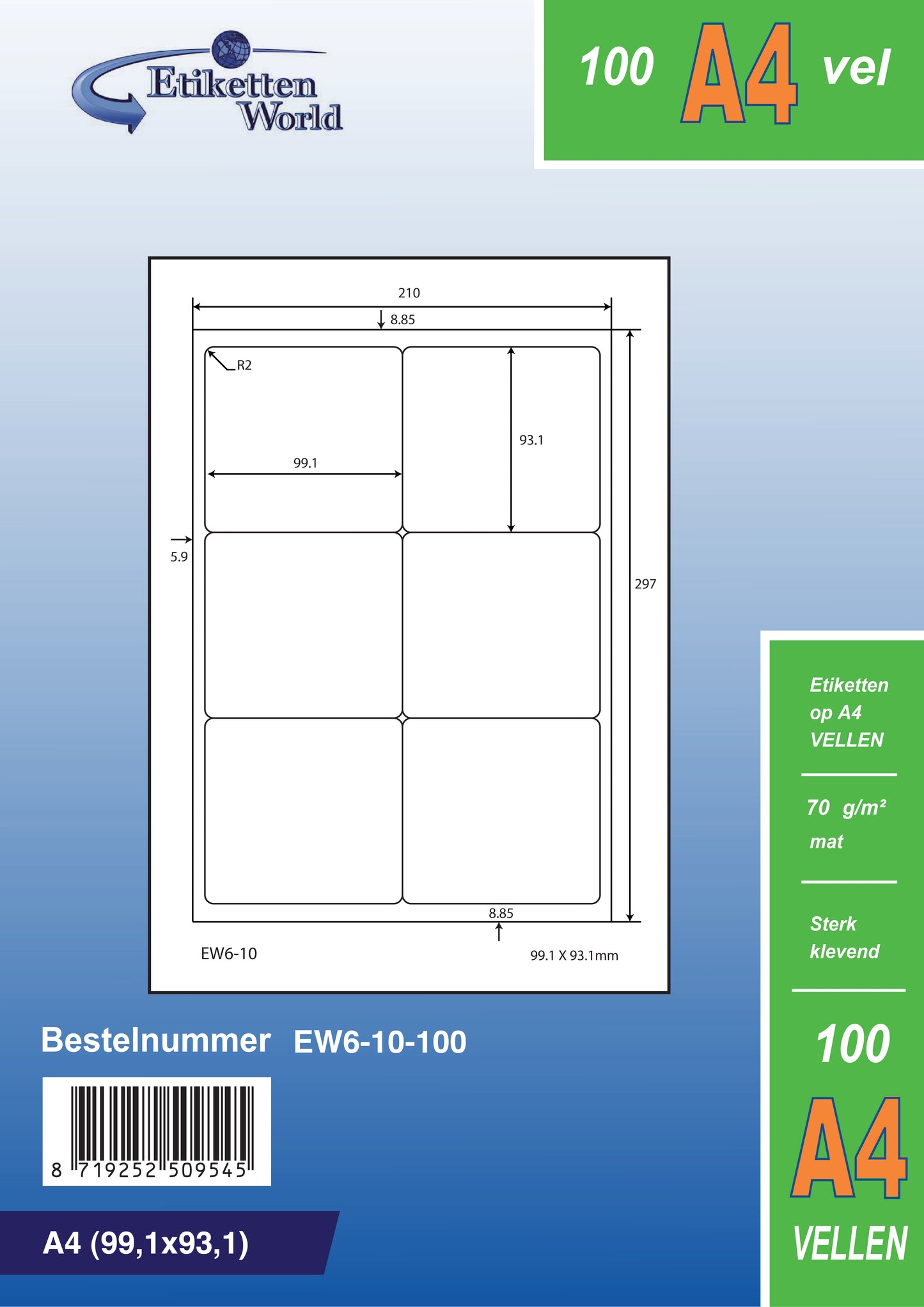 3000 étiquettes universelles 99,1x93,1mm, sur 500 feuilles Din A4, mat, autocollant, 70g EW6-10 d'Etikettenworld EW6-10