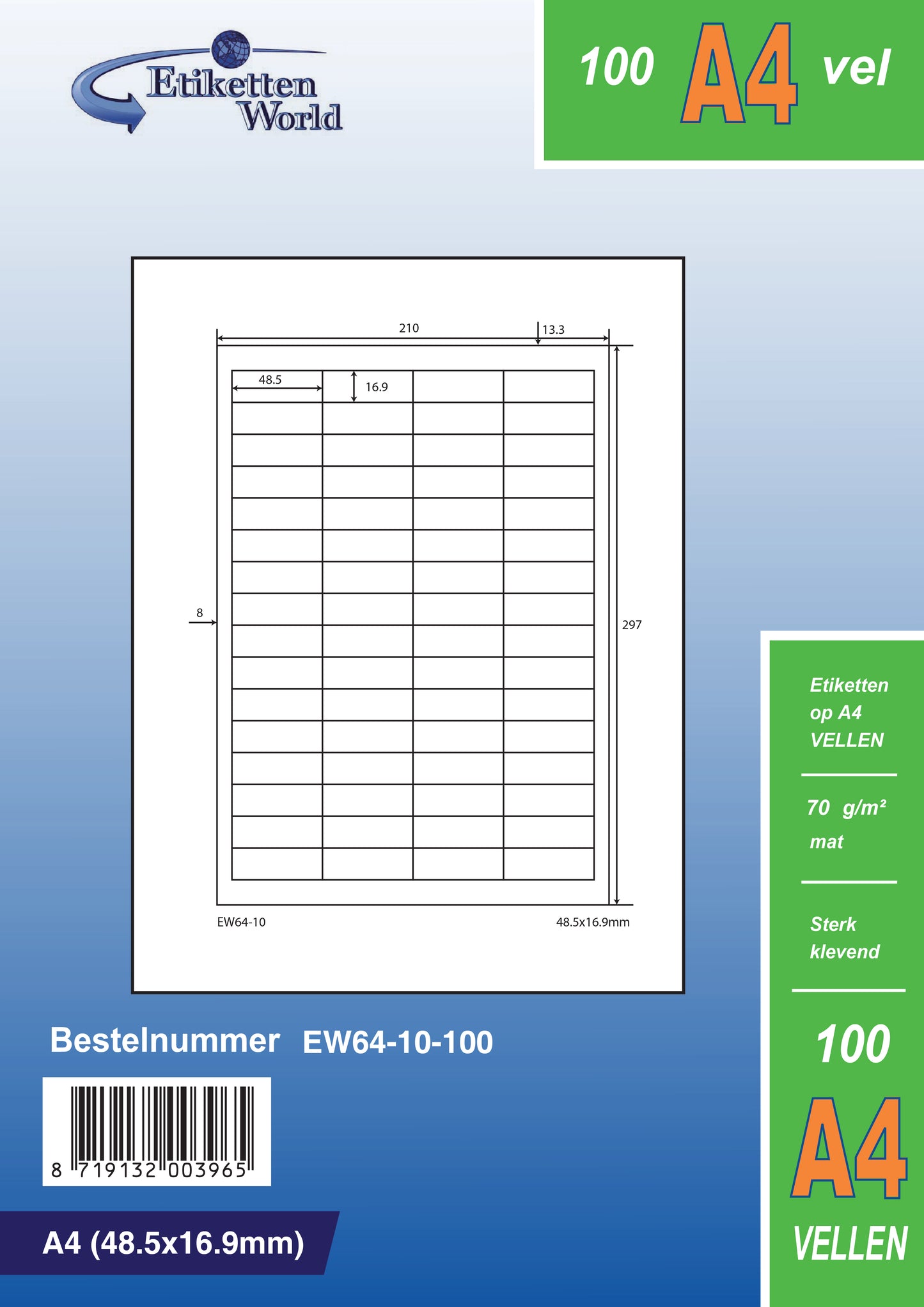 32000 étiquettes universelles 48,5x16,9mm, sur 500 feuilles Din A4, mat, autocollant, 70g EW64-10 d'Etikettenworld EW64-10