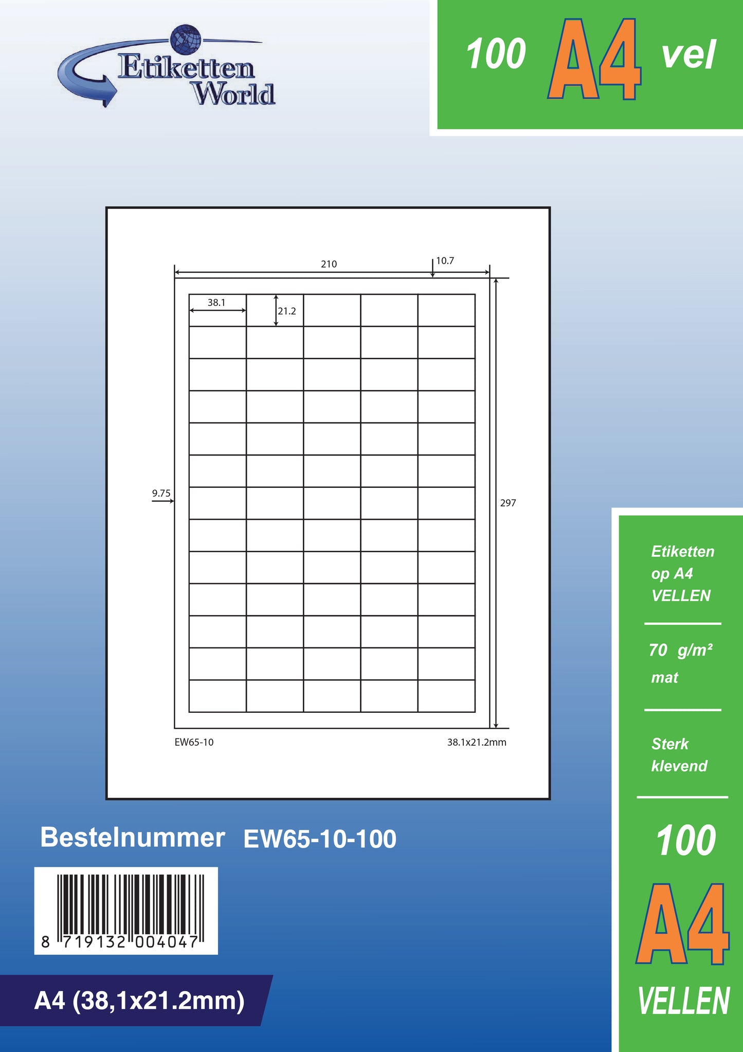 32500 étiquettes universelles 38,1x21,2mm, sur 500 feuilles Din A4, mat, autocollant, 70g EW65-10 d'Etikettenworld EW65-10