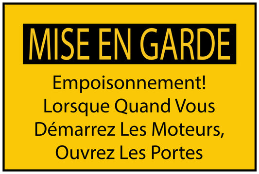 Autocollant de chantier "MISE EN GARDE Empoisonnement! Lorsque Quand Vous Démarrez Les Moteurs, Ouvrez Les Portes" jaune F-BAU-1680