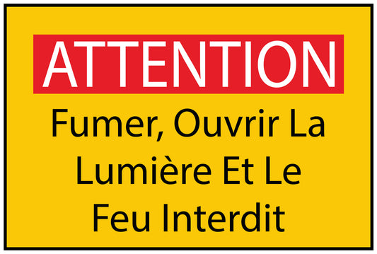 Autocollant de chantier "ATTENTION Fumer, Ouvrir La Lumière Et Le Feu Interdit" jaune F-BAU-1950