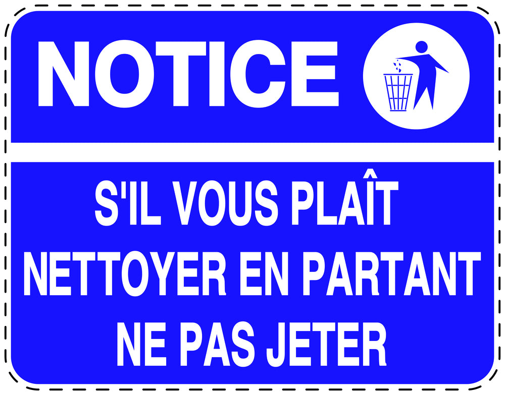 Autocollant de poubelle "NOTICE S'IL VOUS PLAÎT NETTOYER EN PARTANT NE PAS JETER" bleu horizontal F-LITTER-H-10200-44