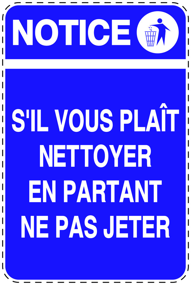Autocollant de poubelle "NOTICE S'IL VOUS PLAÎT NETTOYER EN PARTANT NE PAS JETER" bleu Vertical F-LITTER-V-10200-44