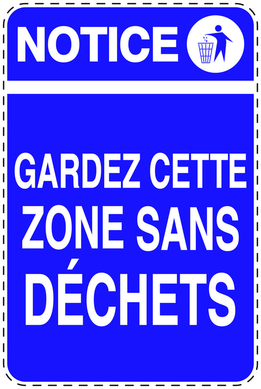 Autocollant de poubelle "NOTICE  GARDEZ CETTE ZONE SANS DÉCHETS" bleu Vertical F-LITTER-V-10600-44