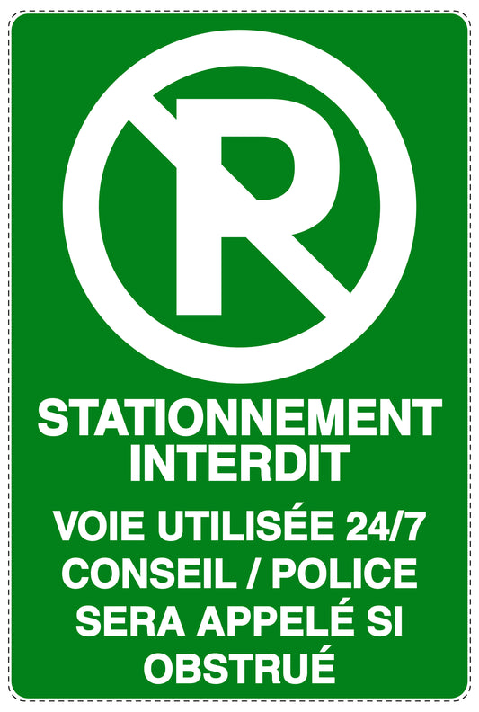 Autocollant "STATIONNEMENT INTERDIT VOIE UTILISÉE 24/7 CONSEIL / POLICE SERA APPELÉ SI OBSTRUÉ" F-NPRK-2190-54