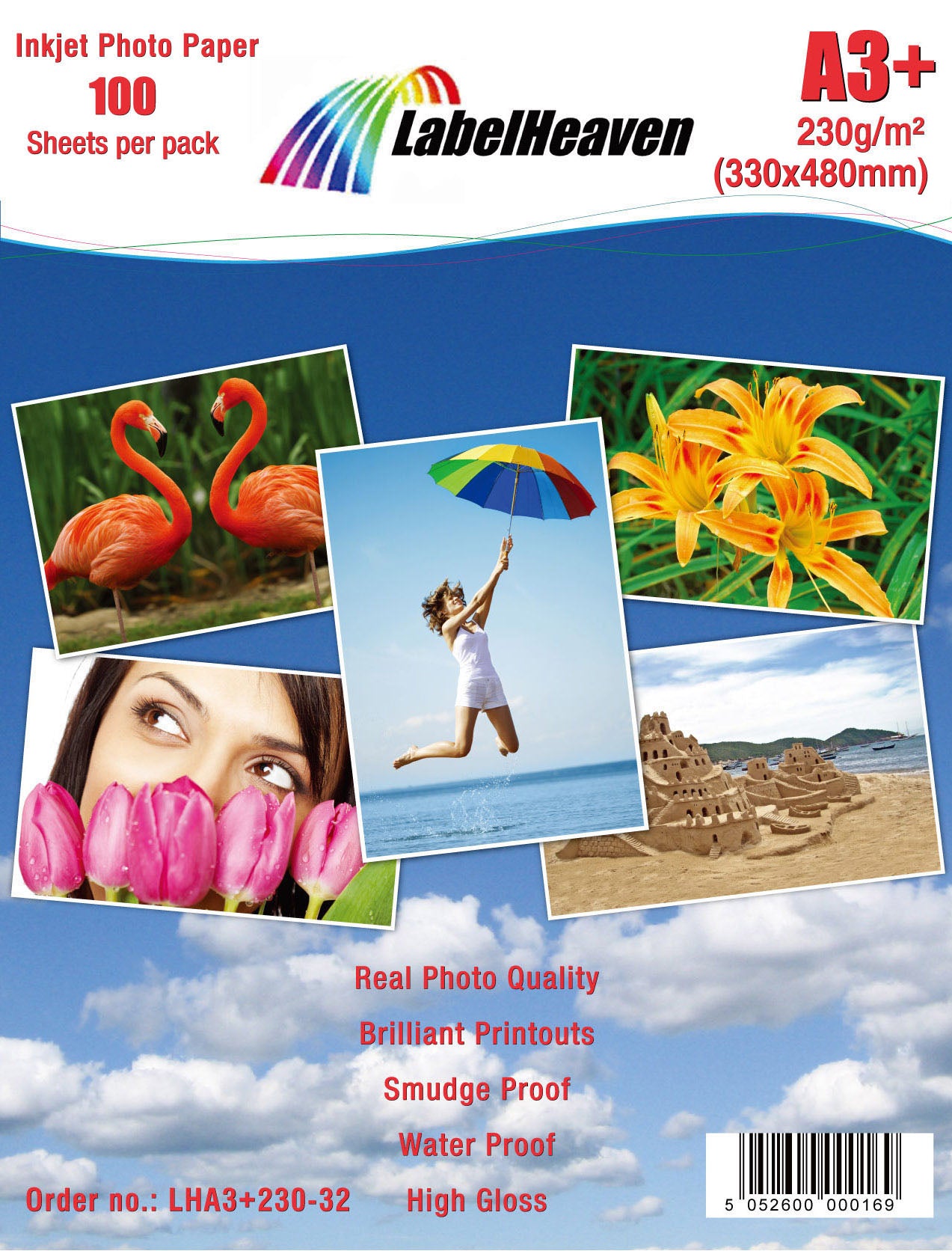 100 feuilles de papier photo A3+ 230g/m² HGlossy+étanche de Labelheaven LHA3+230-32