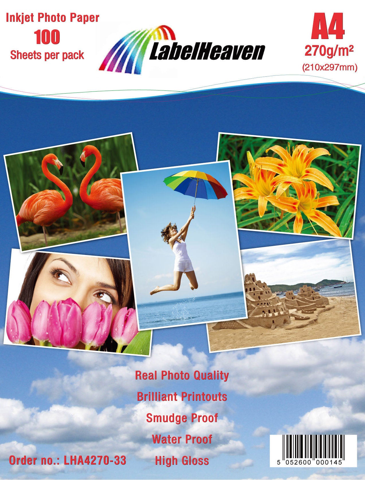 100 feuilles de papier photo A4 270g/m² HGlossy+étanche de Labelheaven LHA4270-33