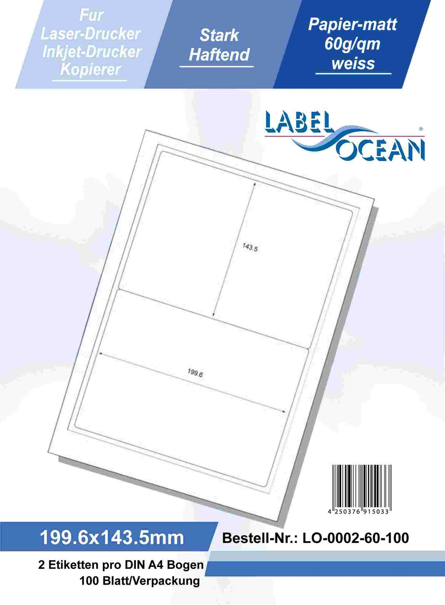 200 étiquettes universelles 199,6x143,5mm, sur 100 feuilles Din A4, mat, faiblement adhésive