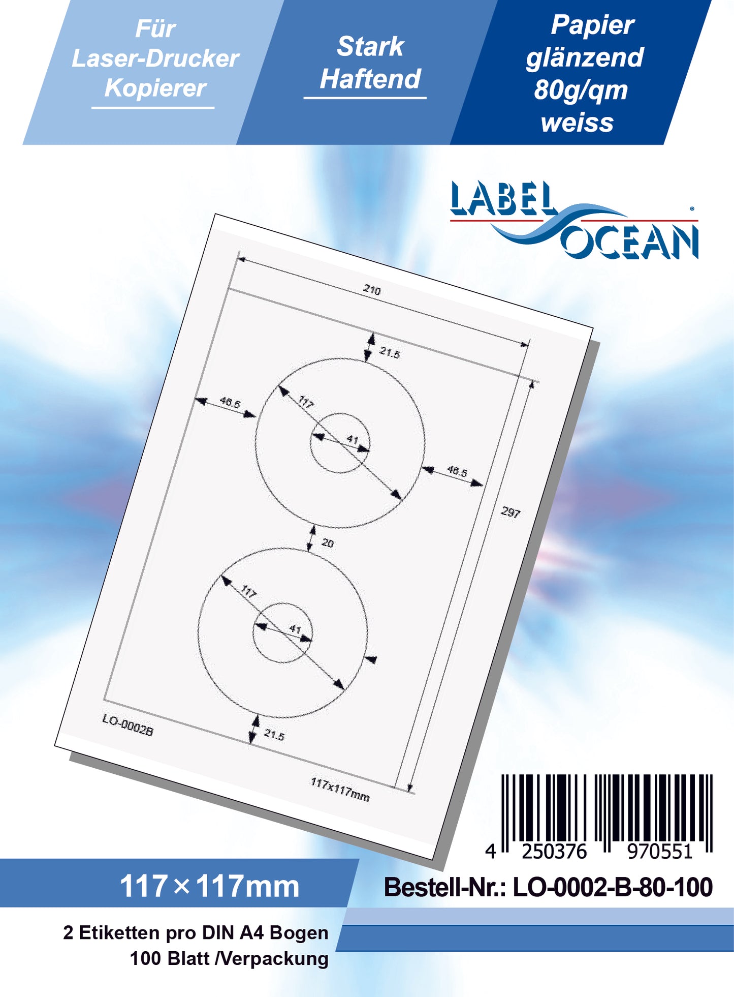 200 étiquettes universelles rondes de 117 mm, sur 100 feuilles Din A4, brillantes, autocollantes LO-0002-B-80