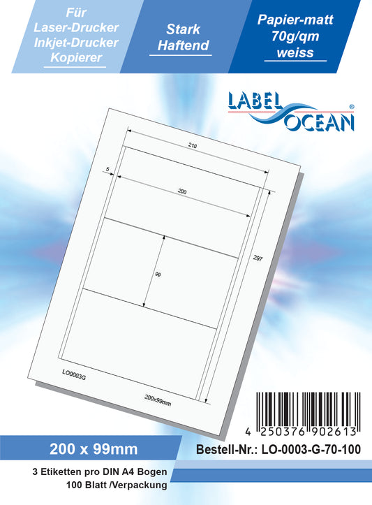 300 étiquettes universelles 200x99mm, sur 100 feuilles Din A4, mat, autocollantes LO-0003-G-70