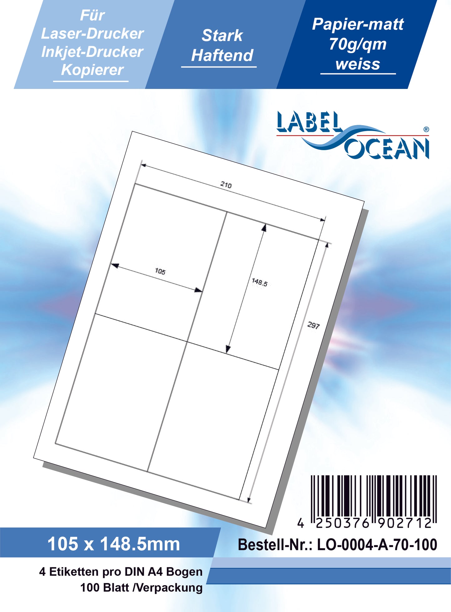400 étiquettes universelles 105x148,5mm, sur 100 feuilles Din A4, mat, autocollantes LO-0004-A-70