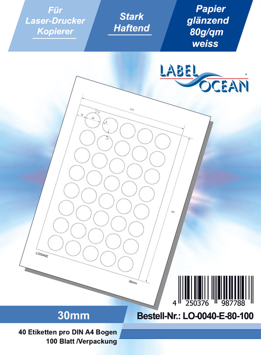 4000 étiquettes universelles rondes de 30 mm, sur 100 feuilles Din A4, brillantes, autocollantes LO-0040-E-80