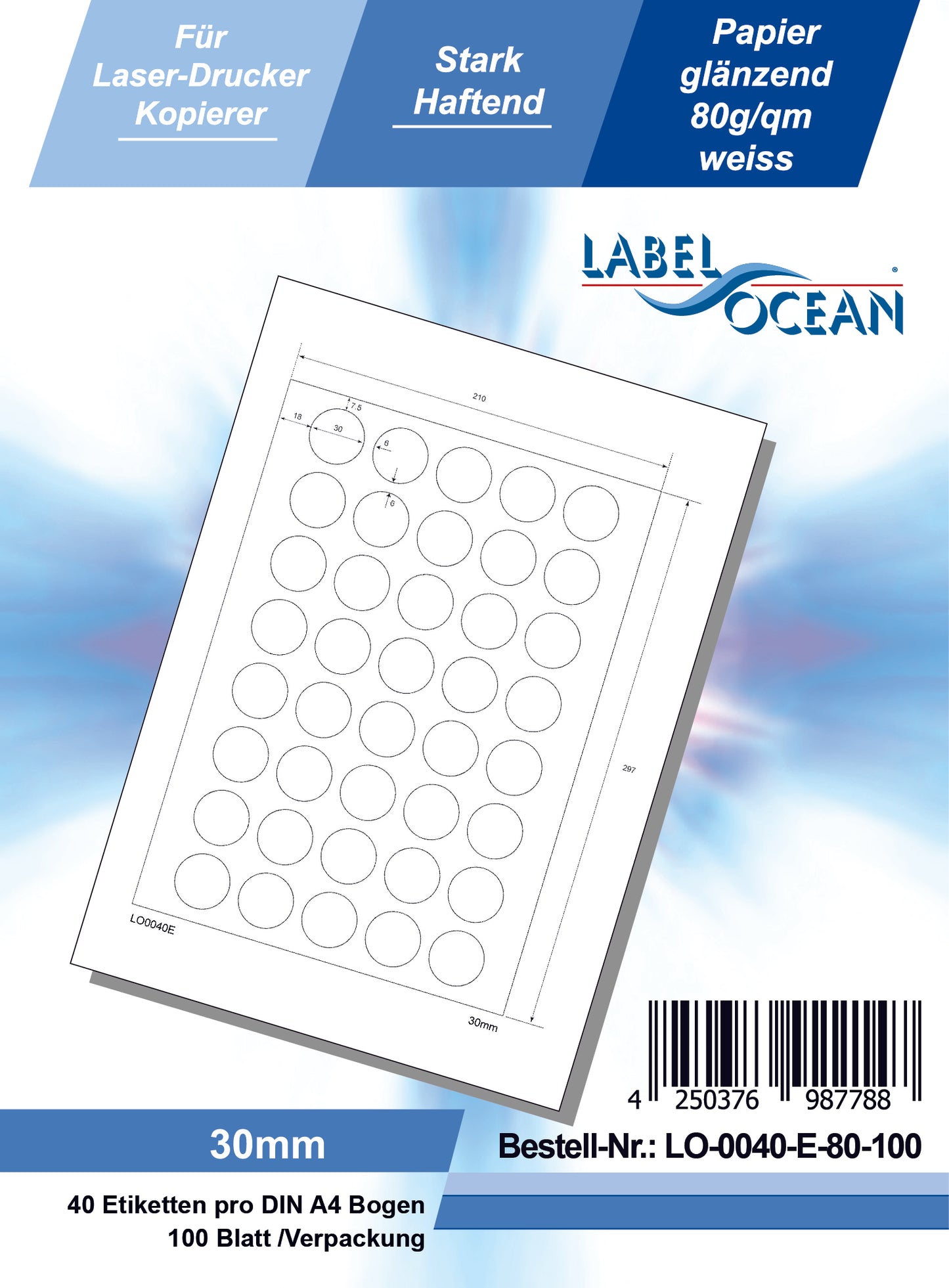 4000 étiquettes universelles rondes de 30 mm, sur 100 feuilles Din A4, brillantes, autocollantes LO-0040-E-80