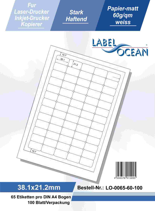 6500 étiquettes universelles 38,1x21,2mm, sur 100 feuilles Din A4, mat, faiblement adhésive
