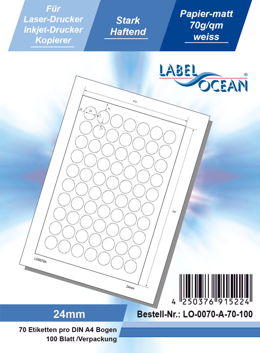 7000 étiquettes universelles 24 mm rond, sur 100 feuilles Din A4, mat, autocollantes LO-0070-A-70