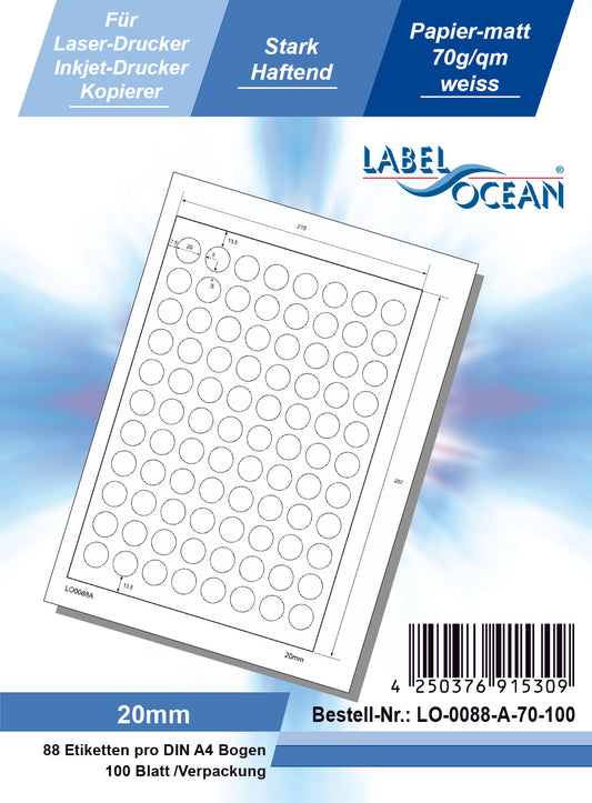 8800 étiquettes universelles 20 mm rond, sur 100 feuilles Din A4, mat, autocollantes LO-0088-A-70