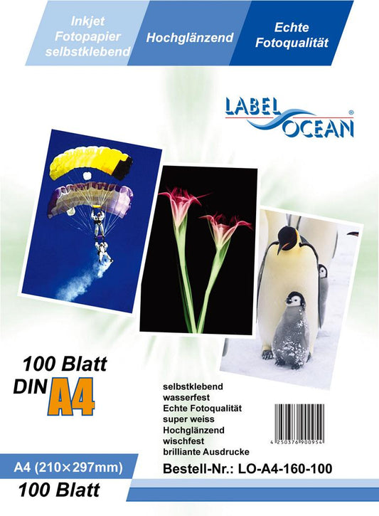 100 feuilles de papier photo autocollant A4 brillant et résistant à l'eau de LabelOcean LOA4160100