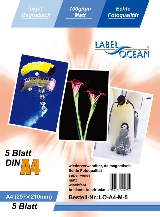 5 feuilles de papier photo magnétique mat A4 de LabelOcean(R) LO-A4-M-5