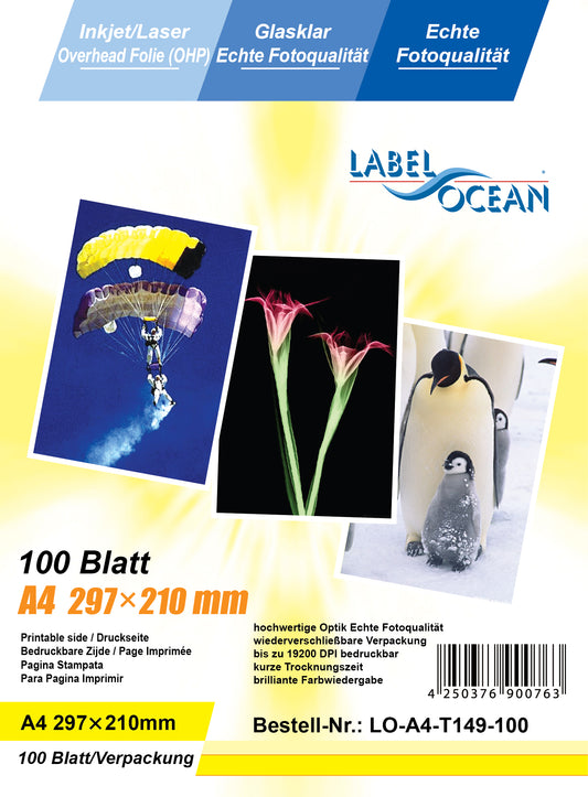100 feuilles de film transparent A4 LO-A4-T1149-100 (OHP) cristal-clair pour imprimantes jet d'encre