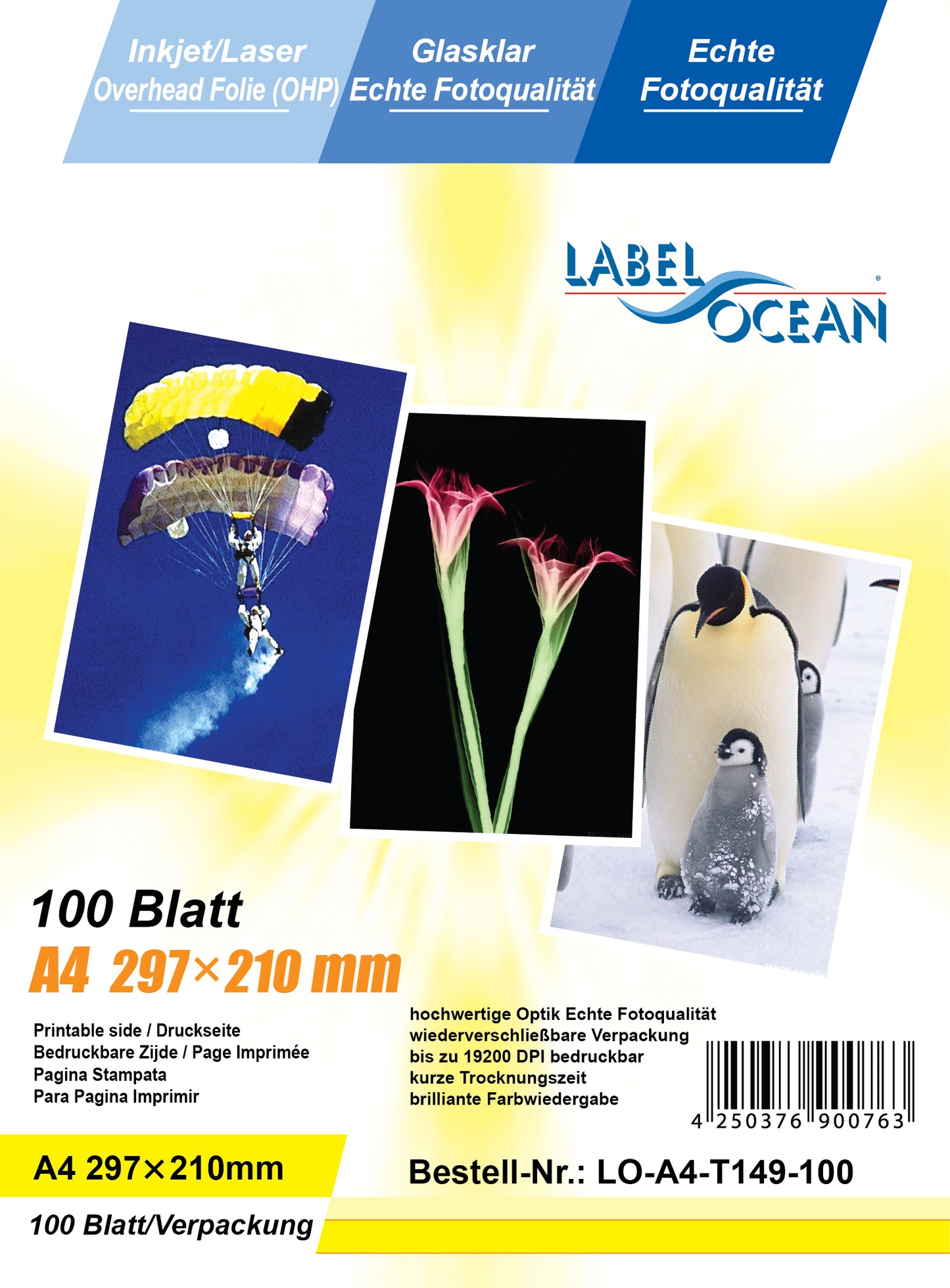100 feuilles de film transparent A4 LO-A4-T1149-100 (OHP) cristal-clair pour imprimantes jet d'encre