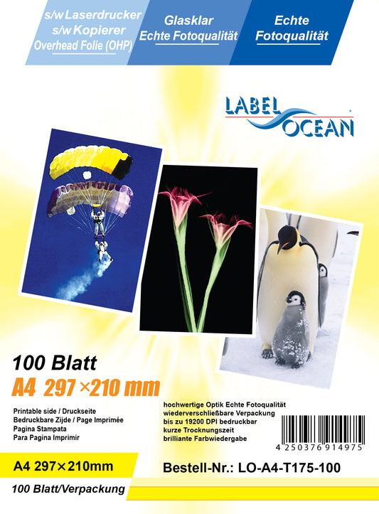 100 feuilles de film transparent A4 LO-A4-T175-100 (OHP) transparent cristal pour imprimantes laser noir et blanc et photocopieurs noir et blanc.