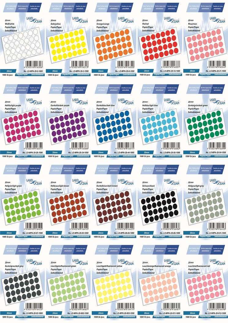 Points de marquage de 20 mm en papier auto-adhésif sur feuilles MPA-20