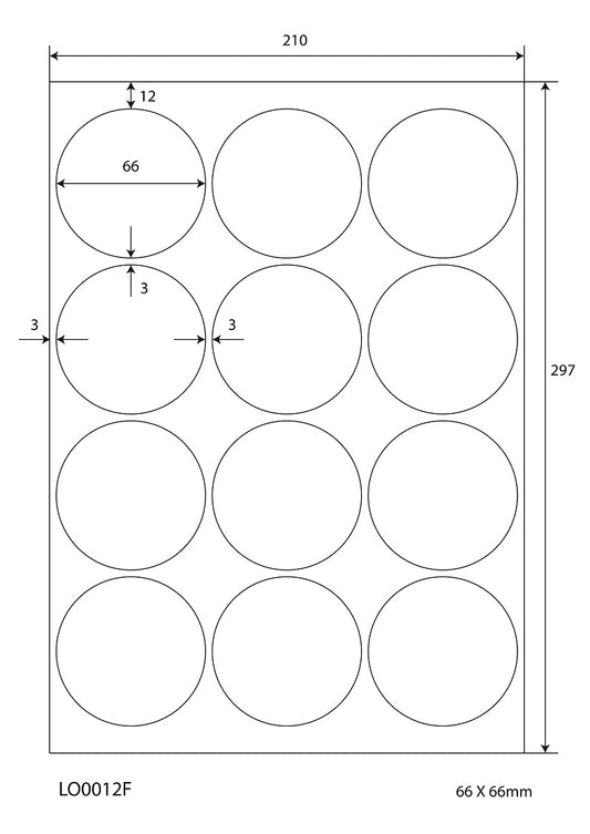 1200 étiquettes universelles colorées rondes de 66 mm, sur 100 feuilles Din A4, mates, autocollantes LO-0012-F-70