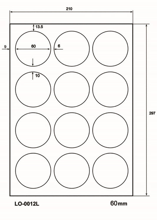 1200 étiquettes universelles colorées rondes de 60 mm, sur 100 feuilles Din A4, mates, autocollantes LO-0012-L-70