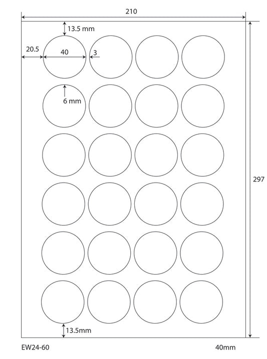 2400 étiquettes universelles colorées rondes de 40 mm, sur 100 feuilles Din A4, mates, autocollantes EW24-60